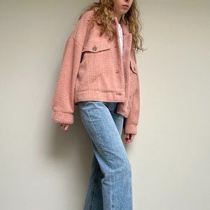 Zara Oversized Pink Cropped Teddy Shacket Coat Size S